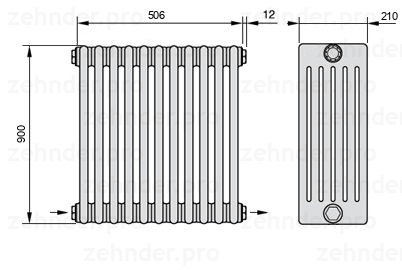 Схема (чертеж) Радиатор Zehnder Charleston 6090/11 №2670 Белый глянцевый RAL 9016